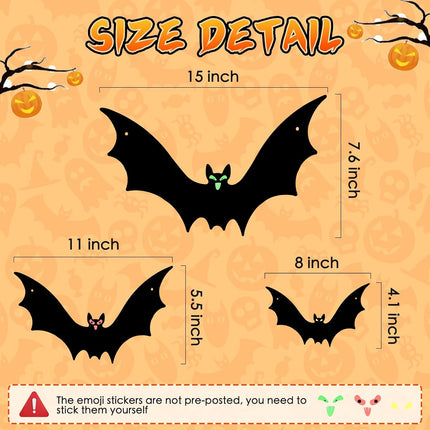12-Pack Hanging Halloween Bats, 3 Sizes Glow-in-the-Dark Eyes, Indoor Outdoor Decor