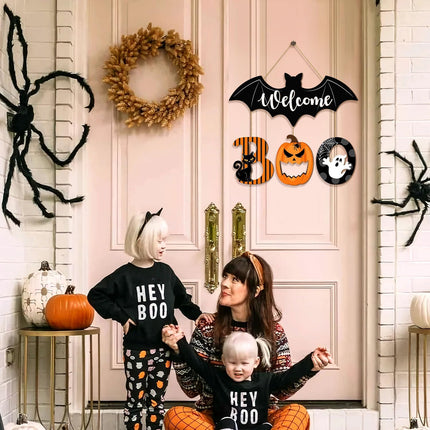 Halloween BOO Door Sign, Wooden Bat Ghost Pumpkin Black Cat Hanging Door Hanger