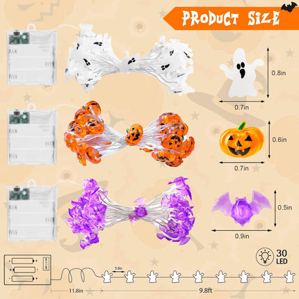 9.8FT 30LED Halloween String Lights, Pumpkin Ghost Bat, Timer, Battery Operated