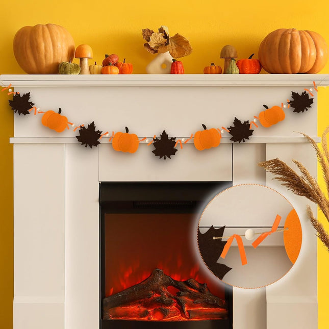 8.2ft Rustic Fall Garland – Felt Pumpkins, Maple Leaves & Wood Beads for Home Decor