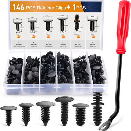 146PCS Nylon Bumper Shield Retainer Clips, Xmas Tree Fasteners & Remover Tool