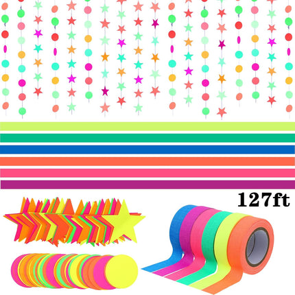127ft Glow Neon Party Set – 6 Colors UV Blacklight Tape & Hanging Decorations