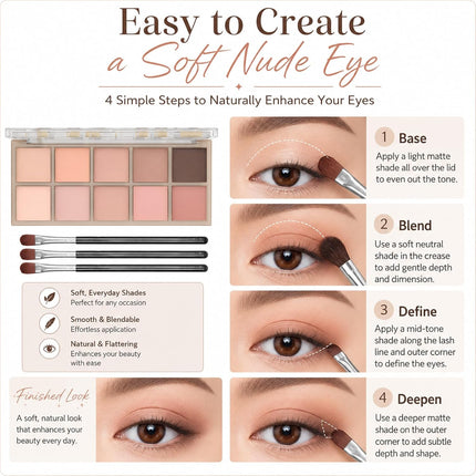 10-Color Neutral Nude Eyeshadow Palette, Beige Pink Brown Matte Smoky Eye Makeup