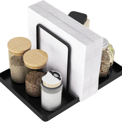 Metal Napkin Holder with Salt & Pepper Shakers – Tabletop Storage, Black