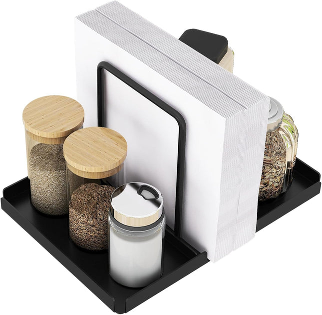 Black Metal Napkin Holder with Salt & Pepper Shakers Caddy – Dining Table Decor