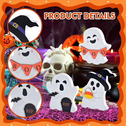 3-Piece Cute Halloween Ghost Wooden Table Decor, Tiered Tray Signs for Home Party
