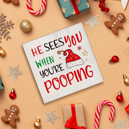 Christmas Humor Bathroom Sign – Wooden Xmas Decor for Shelf or Desk, 5x5”