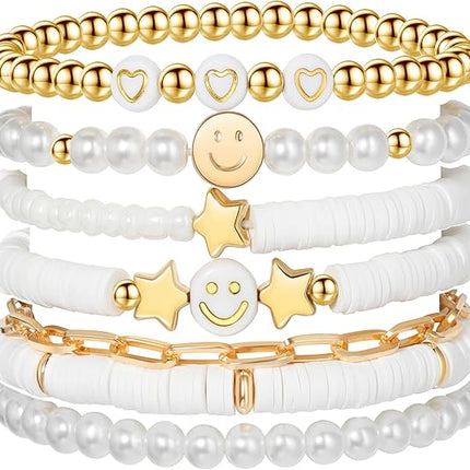 Preppy Bracelet Set Colorful Beaded Pearl Clay Stackable Jewelry for Girls