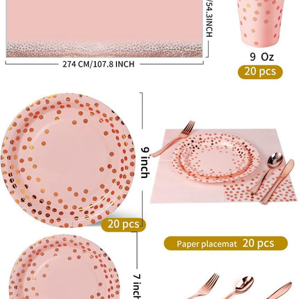 141-Piece Party Tableware Set – Pink & Rose Gold Plates, Napkins & Cutlery