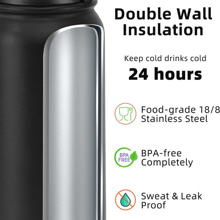 20oz Stainless Steel Insulated Water Bottle – Leakproof, Straw Lid, Black