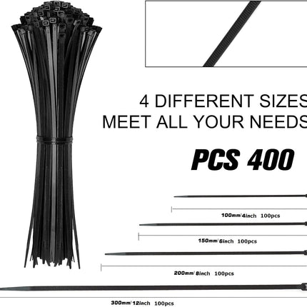 400 Pack Self-Locking Cable Ties – Assorted Sizes for Home, Office & Garden (Black)