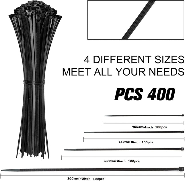400 Pack Self-Locking Cable Ties – Assorted Sizes for Home, Office & Garden (Black)