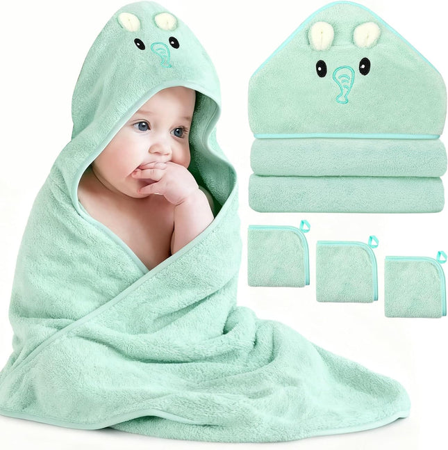 4-Piece Baby Towel Set, Elephant Hooded Bath Towel & 3 Washcloths, Soft Absorbent