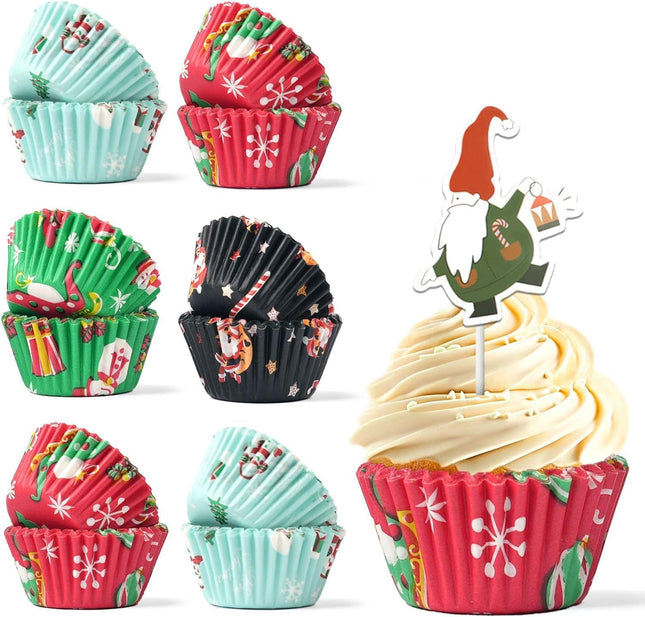 400PCS Christmas Cupcake Liners with 12PCS Toppers – Holiday Baking Set