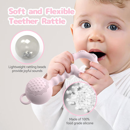 2-in-1 Baby Teether Rattle Toy, Food Grade Silicone Rattle 0-12 Months