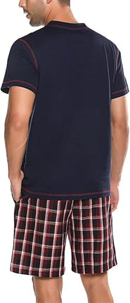 Men’s Cotton Pajama Set Short Sleeve Sleepwear Shorts with Pockets Size S-3XL