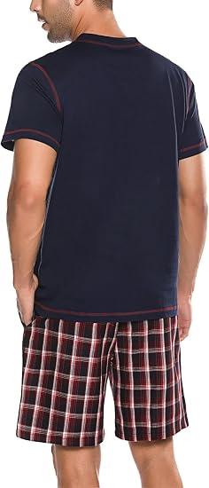 Men’s Cotton Pajama Set Short Sleeve Sleepwear Shorts with Pockets Size S-3XL