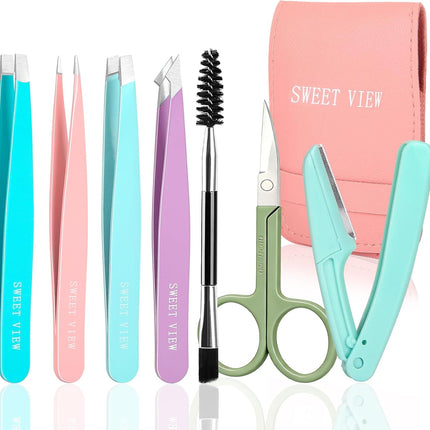 7PCS Tweezers Kit for Women Eyebrow Scissors Razor Spoolie Facial Hair Plucker