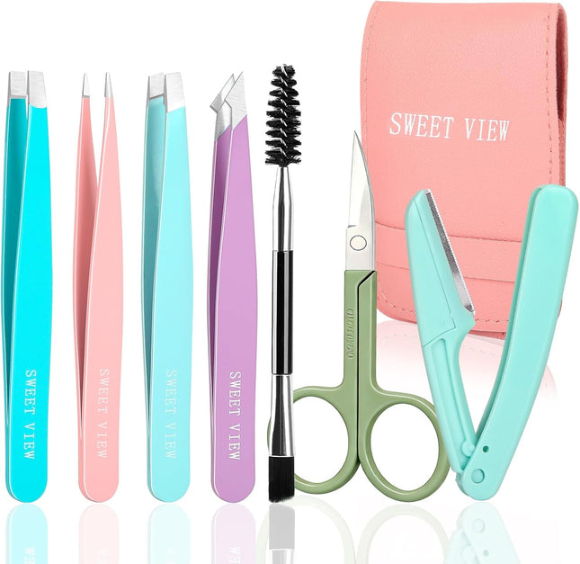 7PCS Tweezers Kit for Women Eyebrow Scissors Razor Spoolie Facial Hair Plucker
