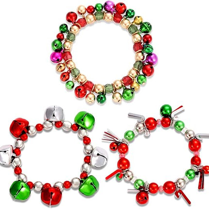 3-Piece Christmas Jingle Bell Bracelets – Colorful Beaded Charm Stretch Bracelets for Xmas Fun