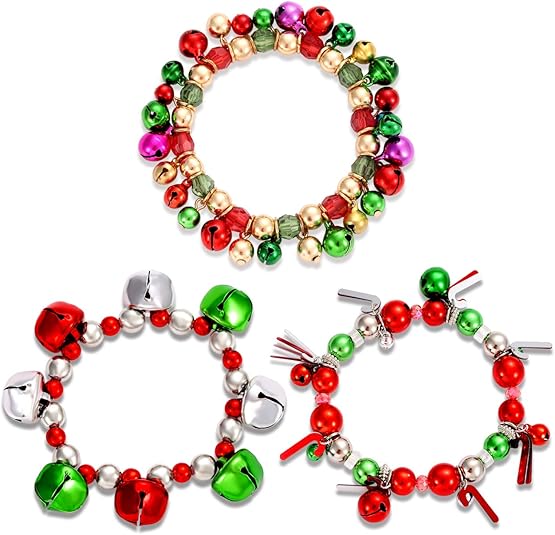 3-Piece Christmas Jingle Bell Bracelets – Colorful Beaded Charm Stretch Bracelets for Xmas Fun