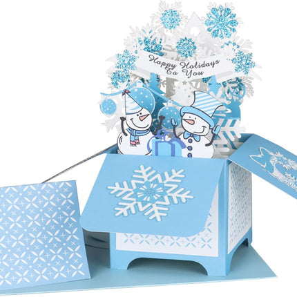 Christmas Pop Up Card – Blue Snowflake & Snowman Winter Holiday Greeting