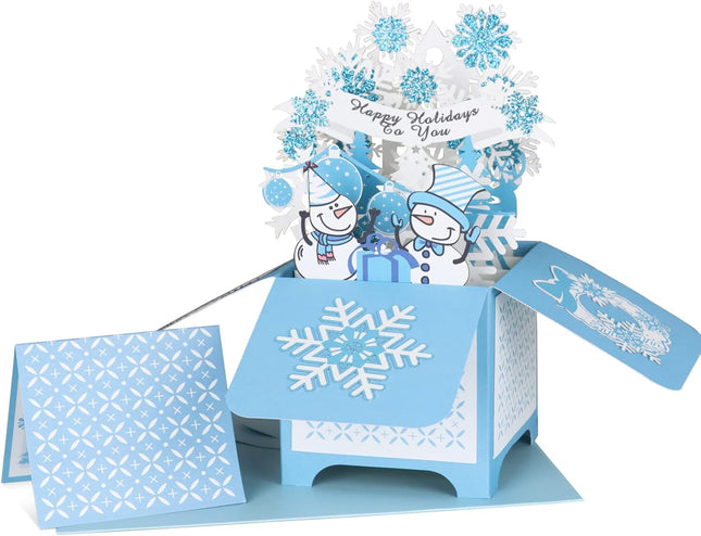 Christmas Pop Up Card – Blue Snowflake & Snowman Winter Holiday Greeting