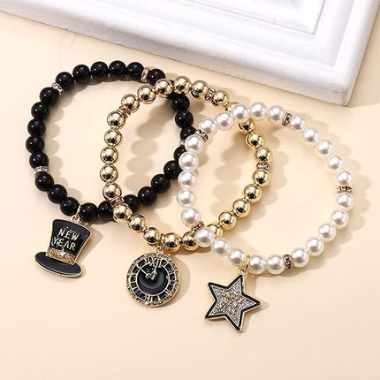 Happy New Year Charm Bracelets – Pearl Beaded NYE Party Gifts for Women