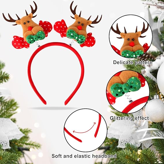 6PCS Christmas Headbands – Reindeer Antlers, Xmas Tree, Snowman & Bow Party Headwear