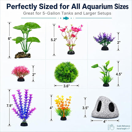 9PCS Aquarium Decorations, Betta Fish Tank Plants, Rock Cave Hideout & Fish Decor Set