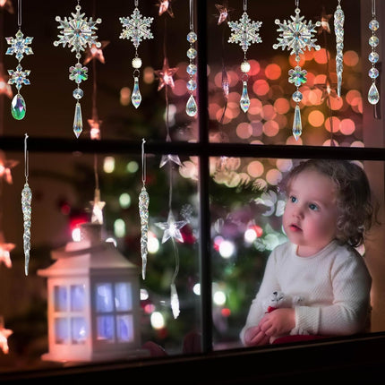 18PCS Crystal Christmas Ornaments Acrylic Snowflakes Icicle Hanging Decor