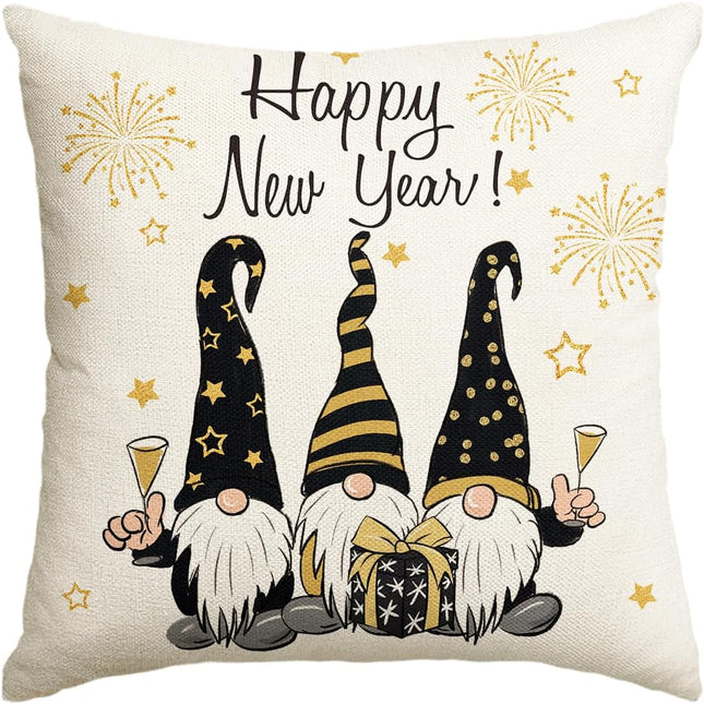 Happy New Year Fireworks Gnome Cushion Cover 18x18" Sofa Couch Decor