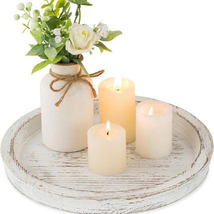 Round White Wood Candle Tray – Rustic Farmhouse Decor for Coffee Table & Home