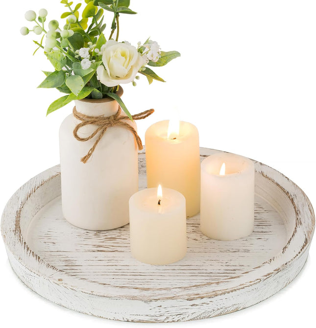 Round White Wood Candle Tray – Rustic Farmhouse Decor for Coffee Table & Home