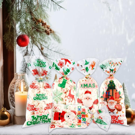 100PCS Christmas Cellophane Treat Bags – Clear Candy Bags with Twist Ties