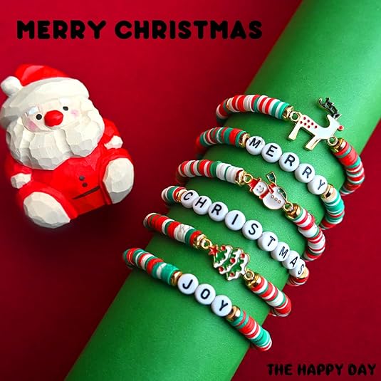 6-Pack Christmas Bracelets for Girls – Polymer Clay Jewelry Set for Merry Christmas Gifts