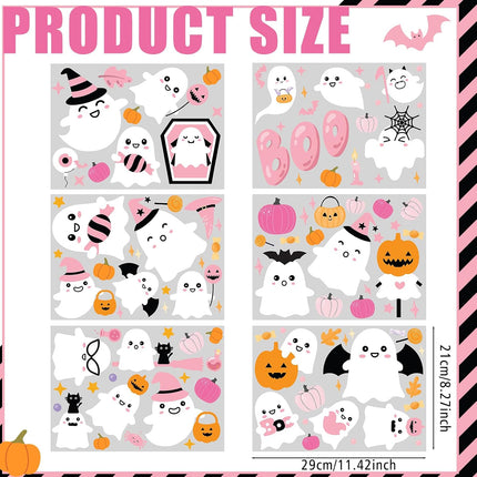 116-Piece Pink Halloween Wall Clings, Cute Ghost Pumpkin Boo Reusable Decals, 6 Sheets