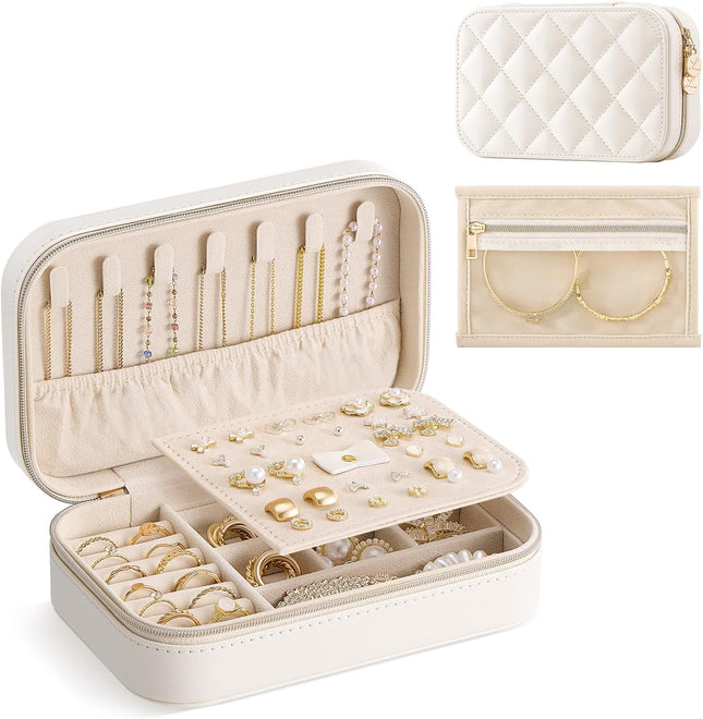 Travel Jewelry Case for Women – Small Portable Organizer for Necklace & Earrings (Beige)