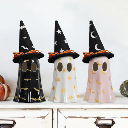 3-Piece Halloween Ceramic Ghost Figurines with Witch Hats, Mantel & Table Decor