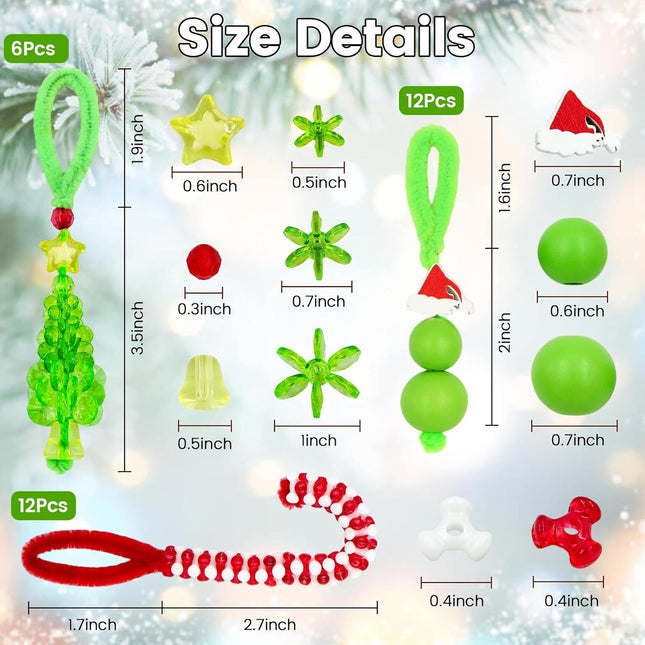 30PCS Christmas Beaded Ornament Kit – Tree, Candy Cane & Green Ornaments for Adults