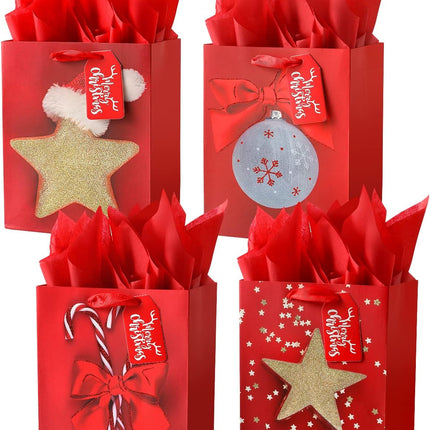 4PCS Medium Xmas Gift Bags – 9" Holiday Wrapping Bags with Tissue Paper
