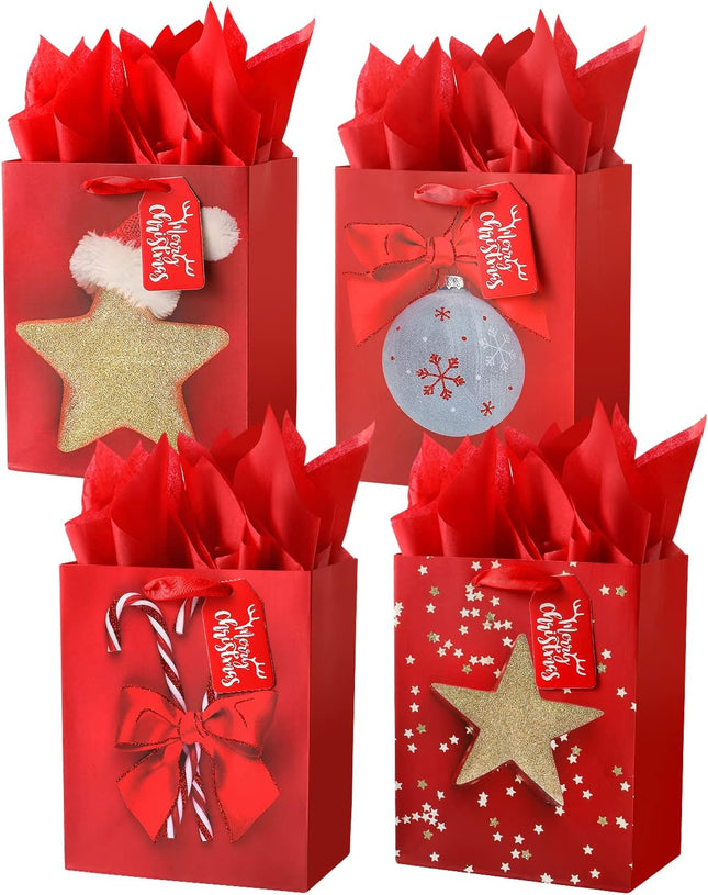 4PCS Medium Xmas Gift Bags – 9" Holiday Wrapping Bags with Tissue Paper