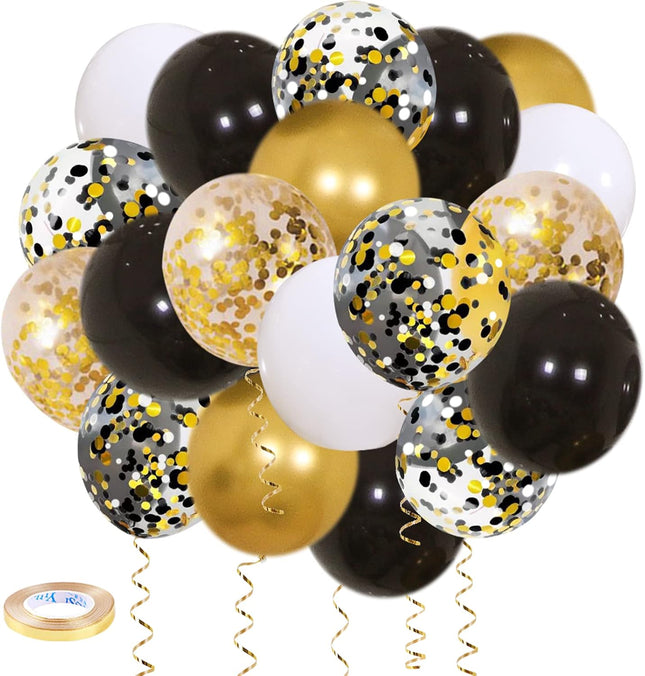 50-Pack Black & Gold Confetti Balloons – 12” Gold, White & Black Balloons for Party Decorations