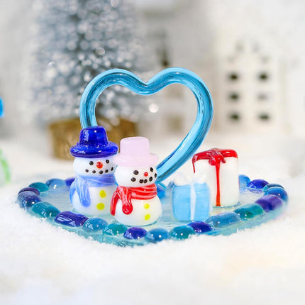 Christmas Snowman Figurine – Blue Blown Glass Ornament with Heart Base