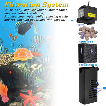 100GPH 5W Internal Aquarium Filter with Aeration, Submersible Filter for 5-15 Gallon Tanks