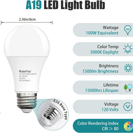 6 Pack A19 LED Light Bulbs 100W Equivalent, 5000K Daylight, 1500 Lumens, E26 Base