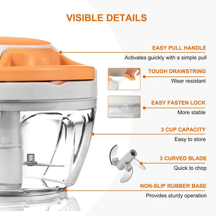 500ml Manual Food Chopper with 3 Stainless Steel Blades Pull String Garlic Mincer White