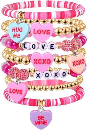 Beaded Heishi XOXO Bracelet: Hot Pink Valentine’s Day Heart Charm Stackable Jewelry