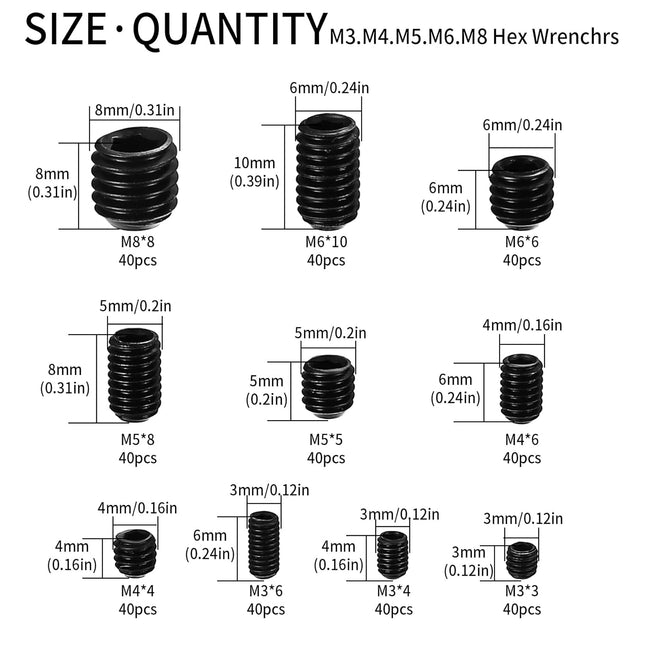400PCS Set Screw Assortment Kit – M3 M4 M5 M6 M8 Hex Socket Grub Screws