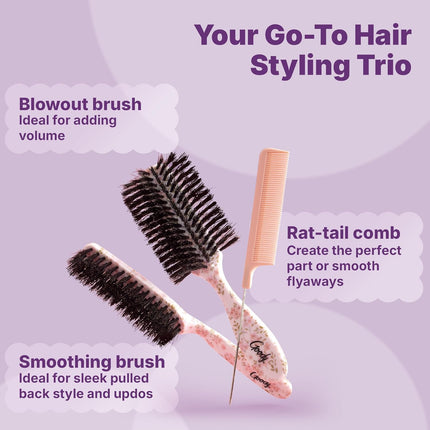 3-Piece Hairbrush Set – Boar Bristle, Volume Brush & Rat-Tail Comb, Floral